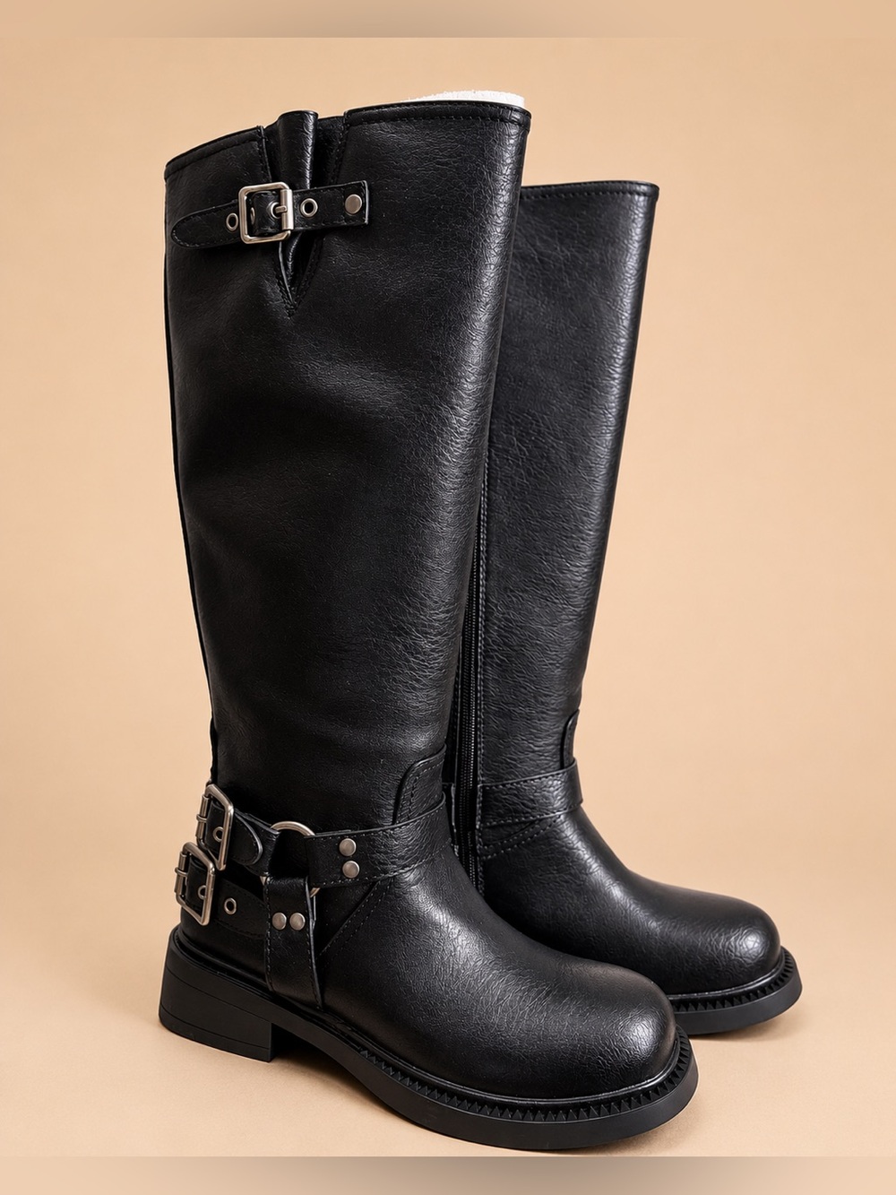 Billini Kaylen Riding Boots in Black, an edgy, knee-high moto/biker boot size 9